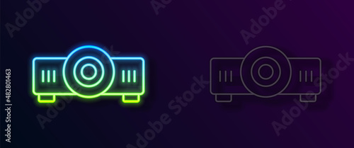 Glowing neon line Presentation, movie, film, media projector icon isolated on black background. Vector