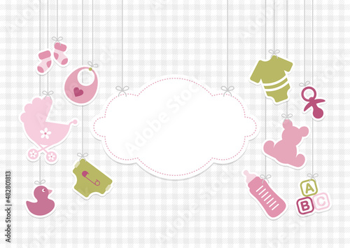 Hängende Babysymbole Mädchen Rosa Olivgrün Wolke Karomuster Grau