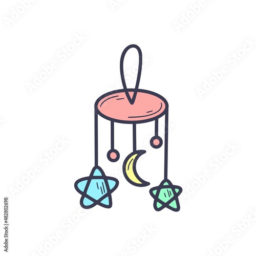 Baby crib carousel mobile doodle style. Baby bed toy for sleep. Hanging carousel moon and stars line icon vector illustration