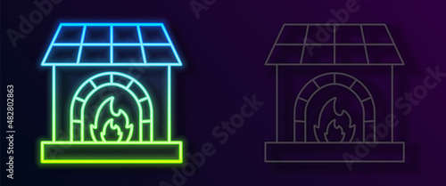 Glowing neon line Blacksmith oven icon isolated on black background. Vector