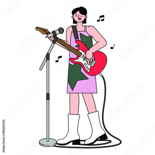 Female singer vector illustration in line filled design