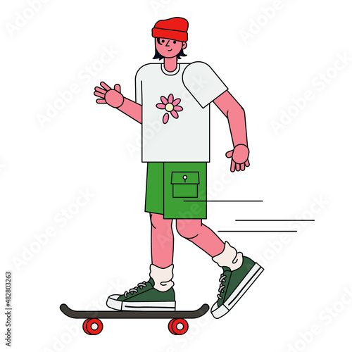 Teenage skater with skateboard vector illustration in line filled design