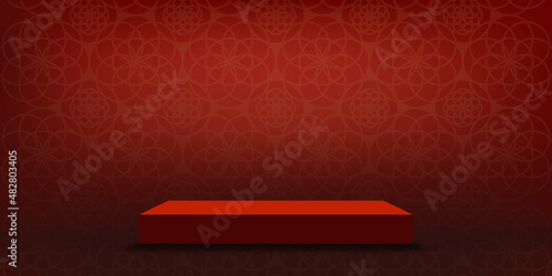 Studio room podium with red lunar wall paper cut background, Vector illustration 3D Empty Gallery room with stand display or shelf,Banner design for products presentation for Chinese New Year 2023 © Anchalee
