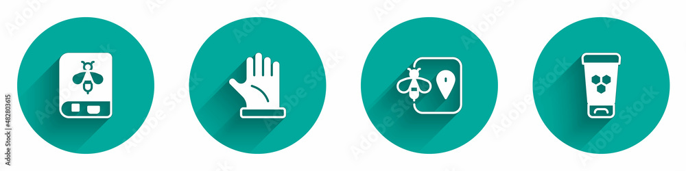 Set Book about bee, Beekeeper glove, location and Cosmetic tube with honey icon with long shadow. Vector Set Book about bee, Beekeeper glove, location and Cosmetic tube with honey icon with long shadow. Vector