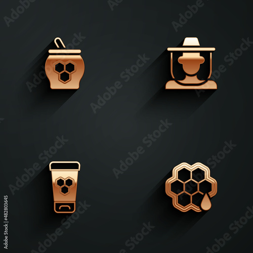 Set Jar of honey and dipper stick, Beekeeper with protect hat, Cosmetic tube and Honeycomb icon with long shadow. Vector