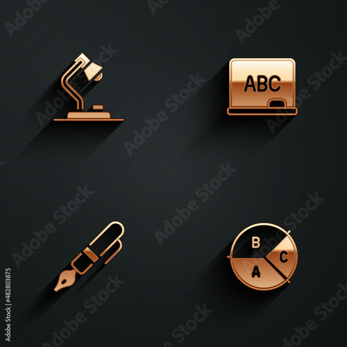 Set Table lamp, Chalkboard, Fountain pen nib and Pie chart infographic icon with long shadow. Vector