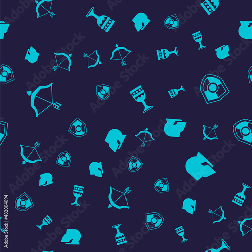 Set Medieval bow and arrow, Shield, goblet and helmet on seamless pattern. Vector