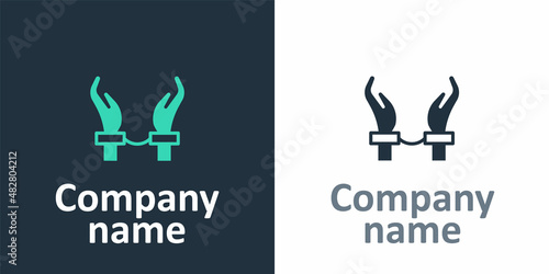 Logotype Handcuffs on hands of criminal man icon isolated on white background. Arrested man in handcuffs. A crime, arrest, business and corruption concept. Logo design template element. Vector