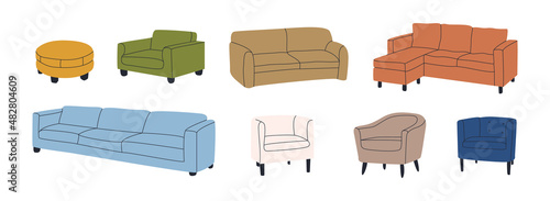 Set of various modern colorful comfortable armchairs and sofas. Upholstered furniture for rest; relaxation. Room decoration; interior design. Drawn flat vector illustration. All elements are insolated