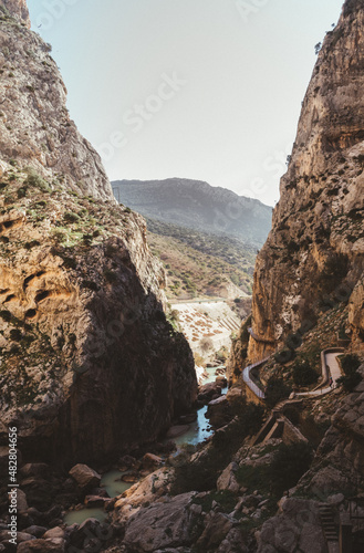 Royal Trail also known as "El Caminito Del Rey". Mountain path along steep cliffs in gorge Chorro, Malaga, Andalusia, Spain