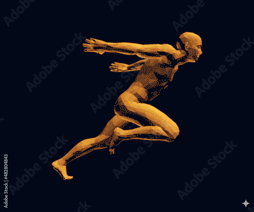 Running man or marathon runner. 3D human body model. Design for sport. Vector illustration composed of particles.