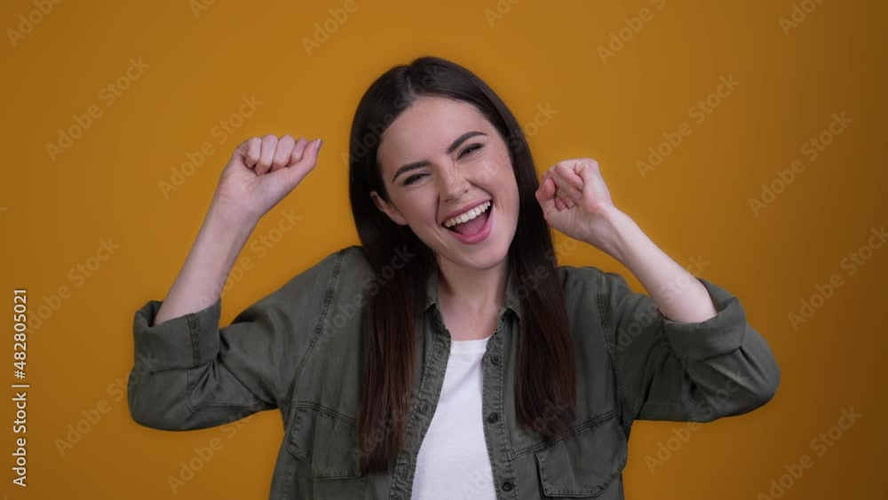 Delighted lady fist up aim discount isolated bright color background Delighted lady fist up aim discount isolated bright color background