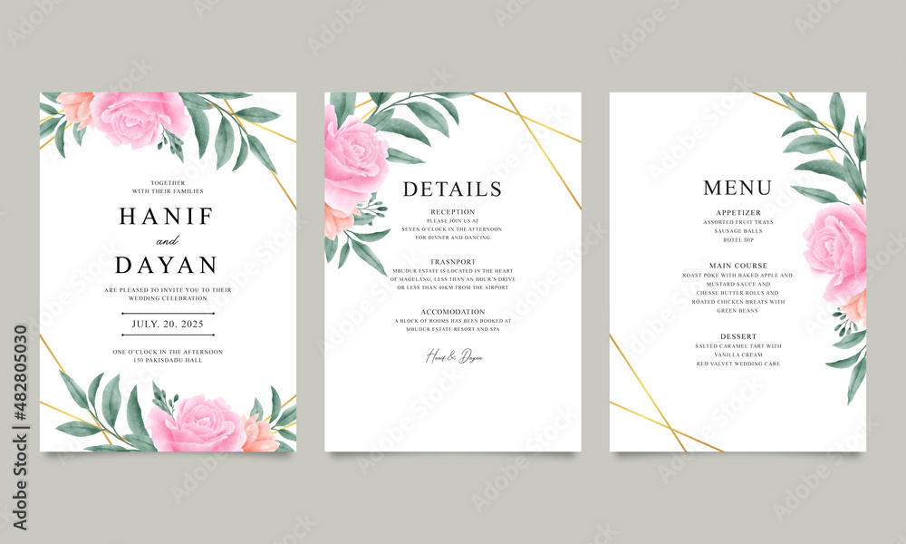 beautiful wedding invitation set with gold geometric decor and rose pink watercolor