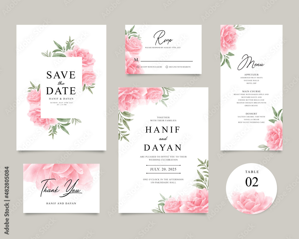A pack of beautiful template wedding invitation cards set with watercolor red roses and green leaves