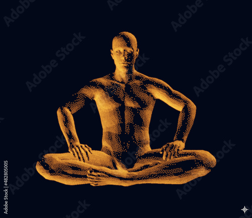 Relaxed man sits in lotos posture. Time for yoga, meditation or relaxation. Healthy lifestyle. 3D model of man. Vector illustration for logo, banner, flyer, poster, cover or brochure.