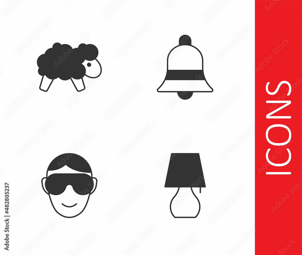 Set Table lamp, Sheep, Eye sleep mask and Ringing bell icon. Vector Set Table lamp, Sheep, Eye sleep mask and Ringing bell icon. Vector