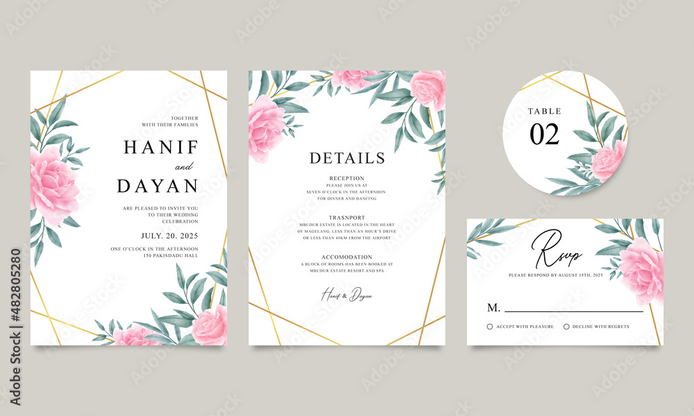 elegant wedding invitation card set with watercolor roses and leaves decoration