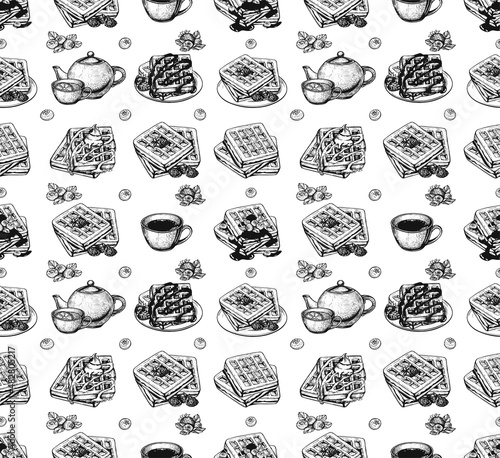 seamless pattern belgian waffles with cream, chocolate, mug of coffee and raspberries, blueberries, strawberries,blackberries vector hand drawing. Belgian waffles seamless pattern vector sketch. eps