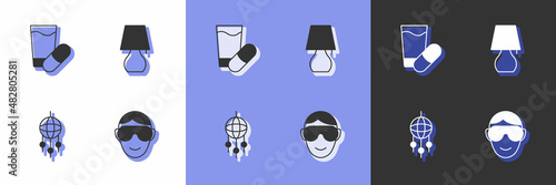 Set Eye sleep mask, Sleeping pill, Dream catcher with feathers and Table lamp icon. Vector