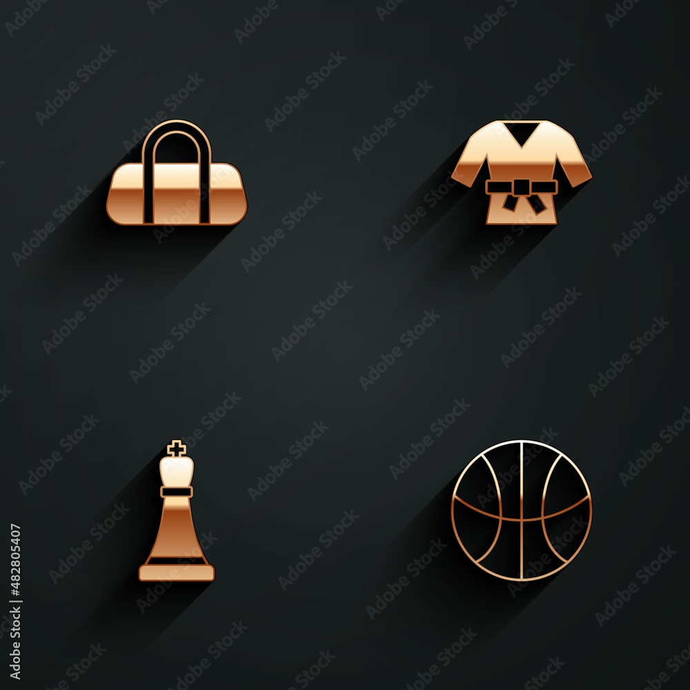 Set Sport bag, Kimono, Chess and Basketball ball icon with long shadow. Vector