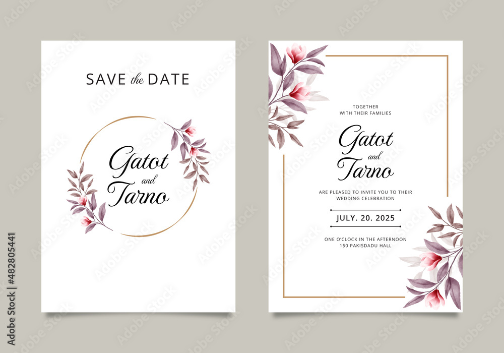 Minimalist wedding invitation set with leaf watercolor