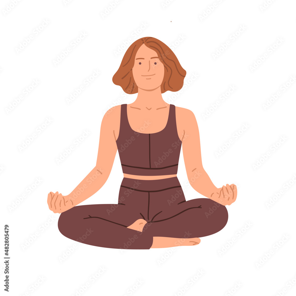 Woman in Padmasana or Lotus pose. Yoga asanas. Vector hand drawn illustration in cartoon flat style. Isolated on white background.