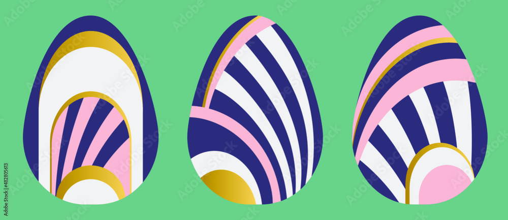 Obraz premium Luxurious Easter Eggs in Art Deco style. Set of 3 Easter Eggs with pattern. Abstract objects for design for Stickers, holiday cards, decor, posters, invitations. Easter collection with flat design. 