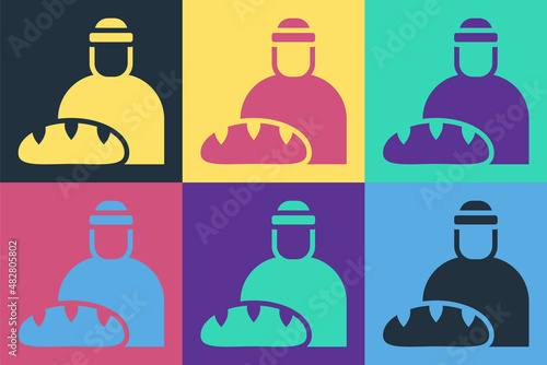 Pop art Feeding the homeless icon isolated on color background. Help and support. Giving food to the hungry concept. Vector