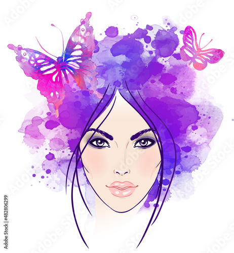 Beautiful girl's face with butterflies in her hair. Watercolor illustration i...