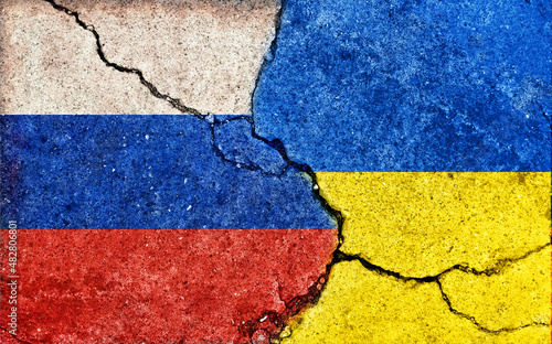 Russia vs Ukraine (War crisis , Political  conflict). Grunge country flag illustration (cracked concrete background) .