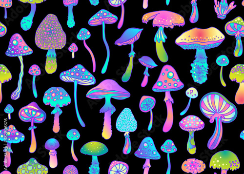 Magic mushrooms seamless pattern. Psychedelic hallucination. 60s hippie colorful art. Vintage psychedelic textile, fabric, wrapping, wallpaper. Vector repeating illustration.