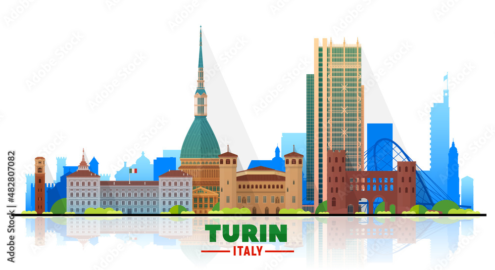Turin, Italy skyline with panorama on white background. Vector Illustration. Business travel and tourism concept with modern buildings. Image for banner or web site
