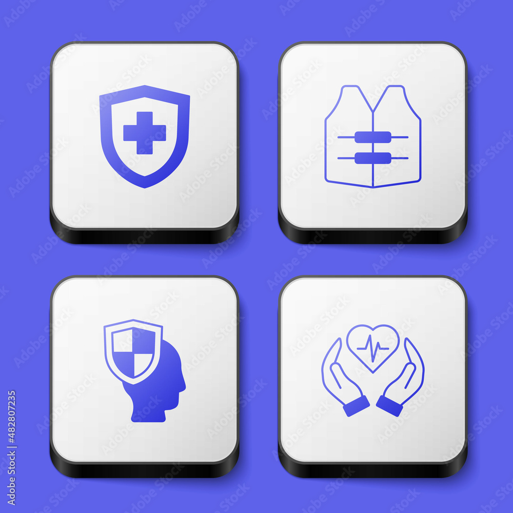 Set Life insurance with shield, jacket, and icon. White square button. Vector Set Life insurance with shield, jacket, and icon. White square button. Vector
