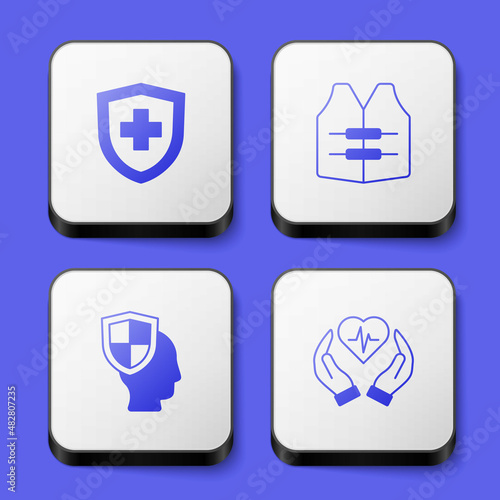 Set Life insurance with shield, jacket, and icon. White square button. Vector