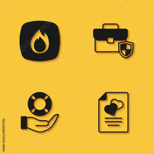 Set Fire flame, Marriage contract, Lifebuoy in hand and Briefcase with shield icon with long shadow. Vector