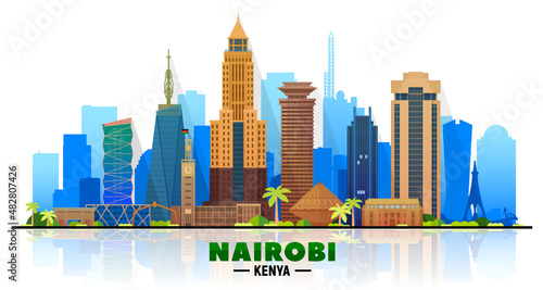 Nairobi Kenya skyline at white background. Flat realistic style with famous landmarks and modern scraper buildings. Vector illustration for web or print production. photo