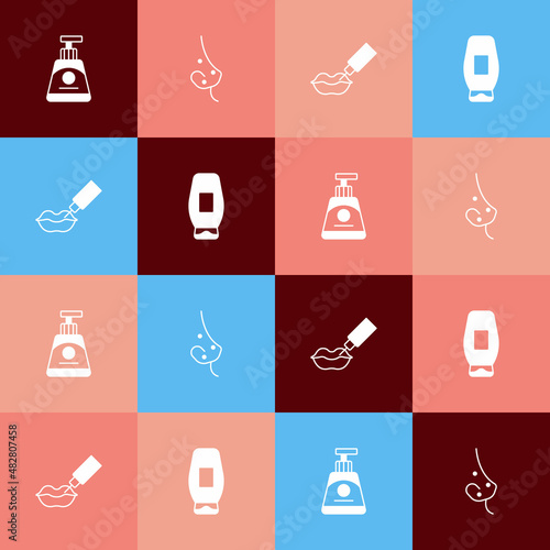 Set pop art Cream or lotion cosmetic tube, Acne, Lip augmentation and Bottle of shampoo icon. Vector