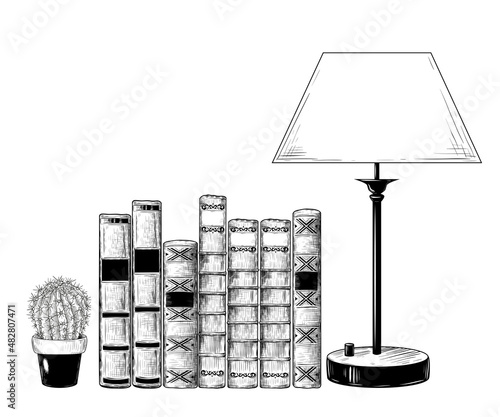 .A pile of books, a cactus in a flowerpot and a lamp .. Vector drawing in vintage style. Isolated objects on white background.  A hand-drawn sketch.