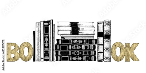 .A pile of books with a book holder.. Vector drawing in vintage style. Isolated objects on white background. A hand-drawn sketch.