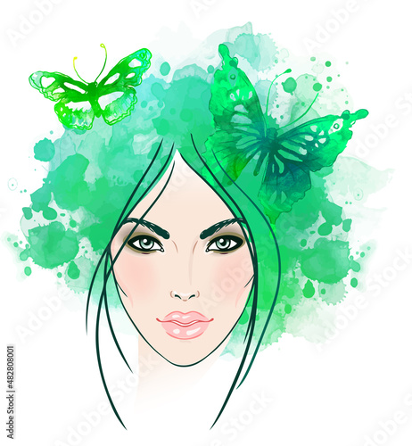 Beautiful girl's face with butterflies in her hair. Watercolor illustration i...