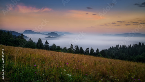 beautiful landscape with valleys, lakes and rivers in Pieniny mountains in fog