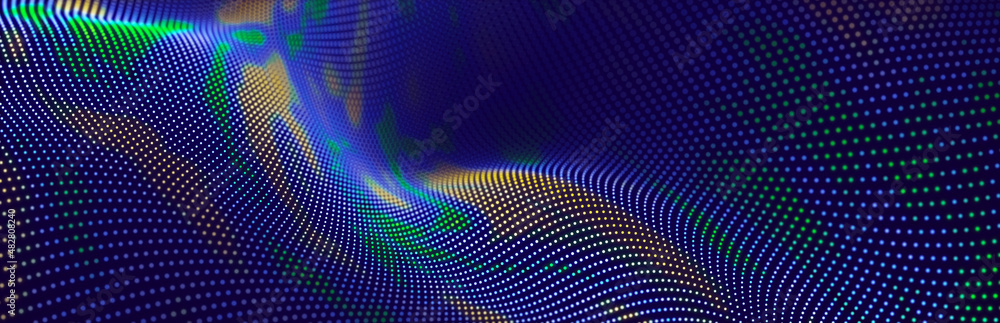 Particle stream. Blue wave background with many glowing particles. Information technology background. 3d rendering.