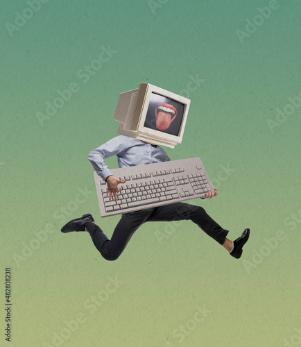 Contemporary art collage of man in office style clothes with retro computer, pc instead head running isolated over green background