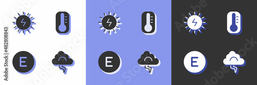 Set Cloud and lightning, Solar energy panel, Compass west and Thermometer icon. Vector