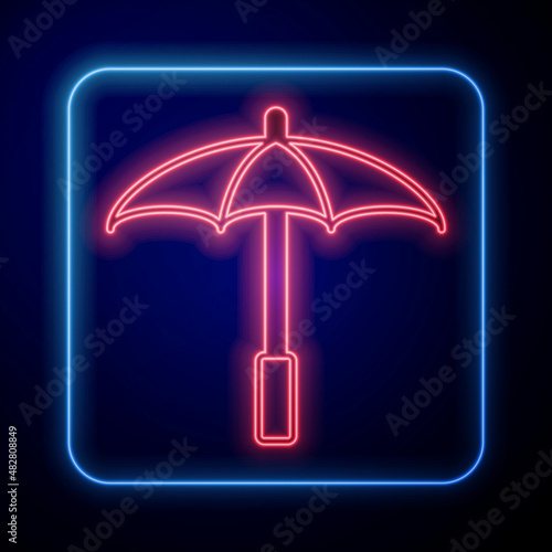 Glowing neon Sun protective umbrella for beach icon isolated on black background. Large parasol for outdoor space. Beach umbrella. Vector