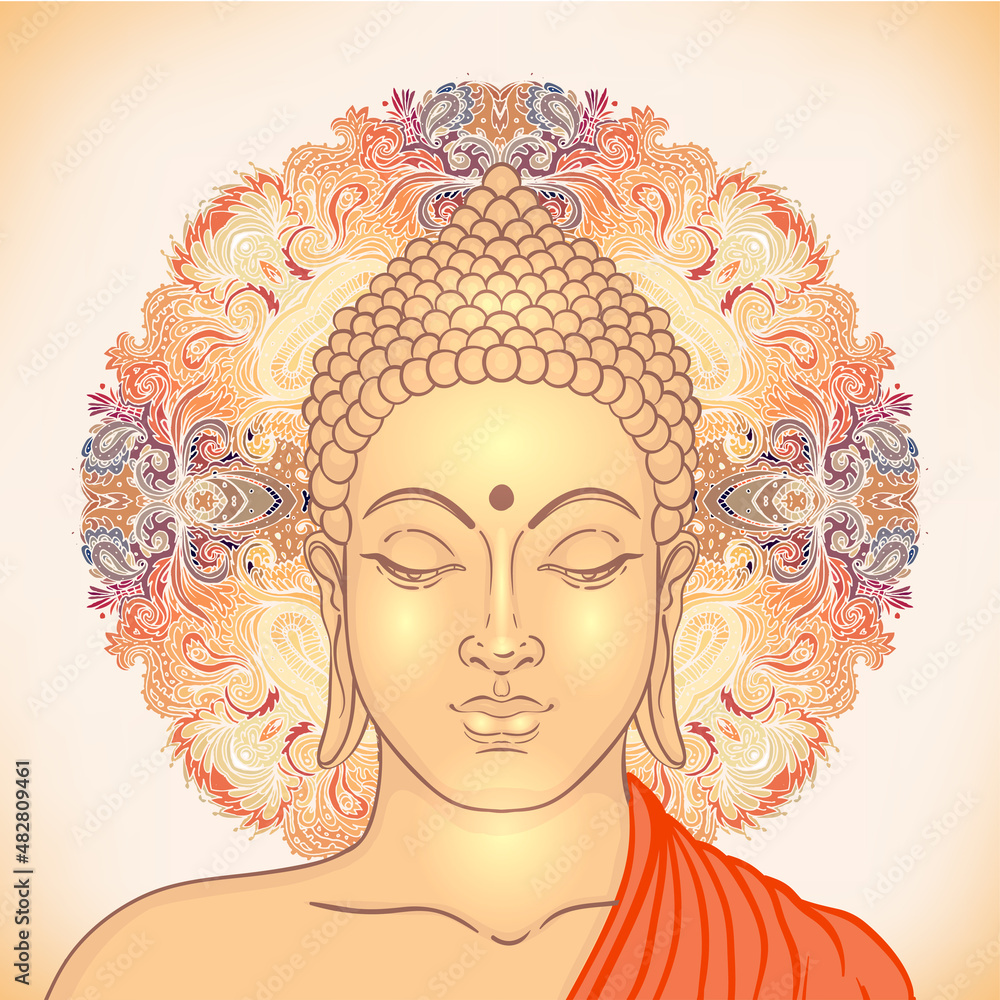 Sitting Buddha over ornate mandala round pattern. Vector illustration..