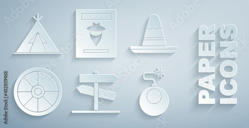 Set Road traffic signpost, Mexican sombrero hat, Old wooden wheel, Bomb ready to explode, Wanted western poster and Indian teepee or wigwam icon. Vector