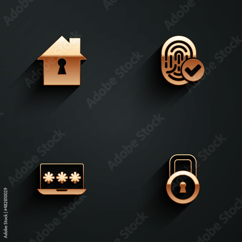 Set House under protection, Fingerprint, Laptop with password and Lock icon with long shadow. Vector