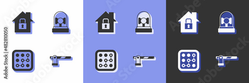 Set Parking car barrier, House under protection, Graphic password and Ringing alarm bell icon. Vector