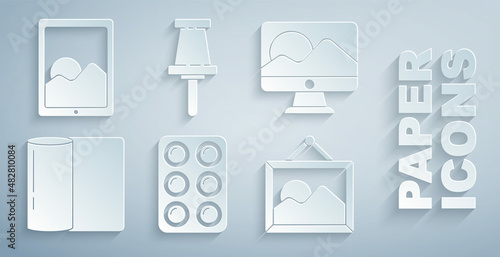 Set Watercolor paints in box, Computer monitor screen, Paper towel roll, Picture landscape, Push pin and Graphic tablet icon. Vector